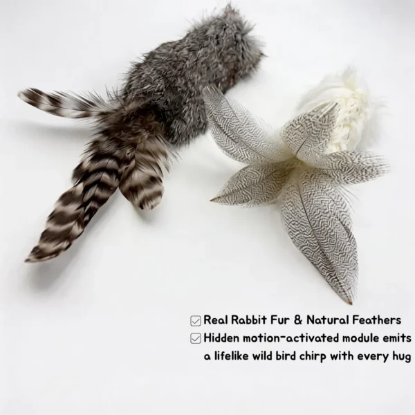 Chirp Bunny Scent Enrichment Cat Kicker Toy featuring real rabbit fur, natural feathers, and a hidden motion-activated module that emits a lifelike wild bird chirp.