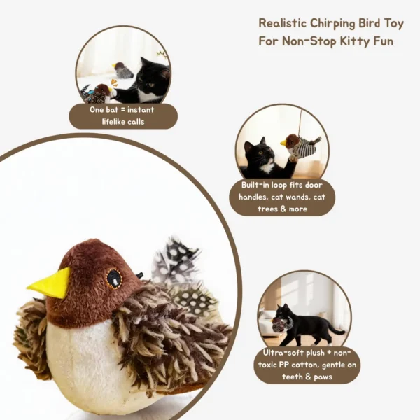Chirpy Bird Tap-Activated Interactive Cat Toy showing realistic chirping bird play, lifelike calls, a built-in loop, and ultra-soft plush with non-toxic PP cotton.