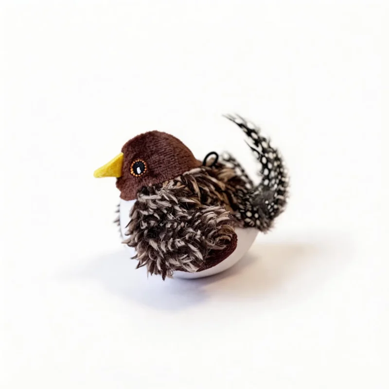Speckled Sparrow Chirpy Bird Tap-Activated Interactive Cat Toy with a yellow beak, fluffy brown wings, spotted feather tail, and built-in hanging loop.