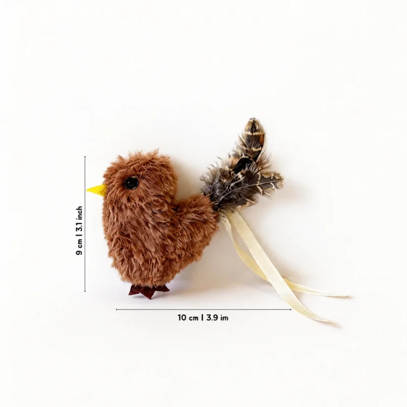 Cinnamon Finch Chirpy Bird Tap-Activated Plush Cat Toy in brown with feather tail and ribbon loop, shown with size details of 9 cm tall and about 10 cm long.