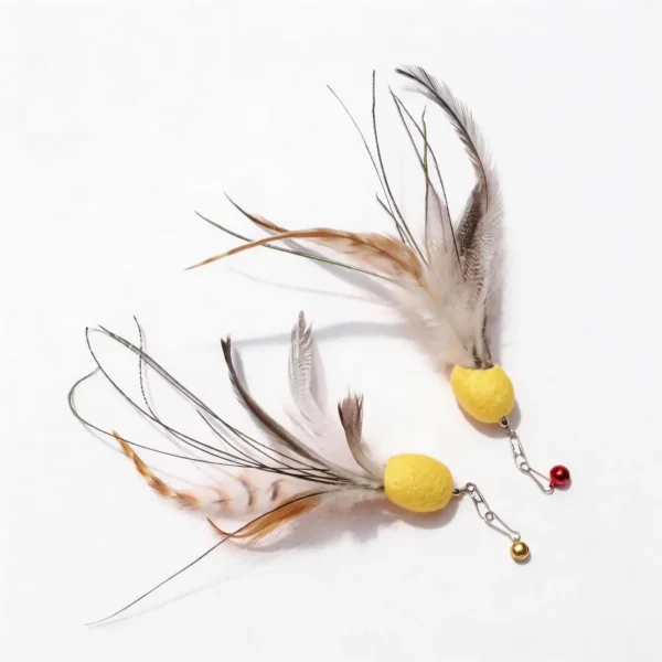 Two Cocoon Octopus Cat Wand Replacement refills with yellow cocoon heads, natural feather tentacles, bells, and metal clips