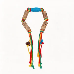 Blue Lagoon Loop Cord-Saver Silvervine Cat Chew Rope with blue handle wrap, natural silvervine sticks, colorful rope tassels, beads, and gall fruit accent.