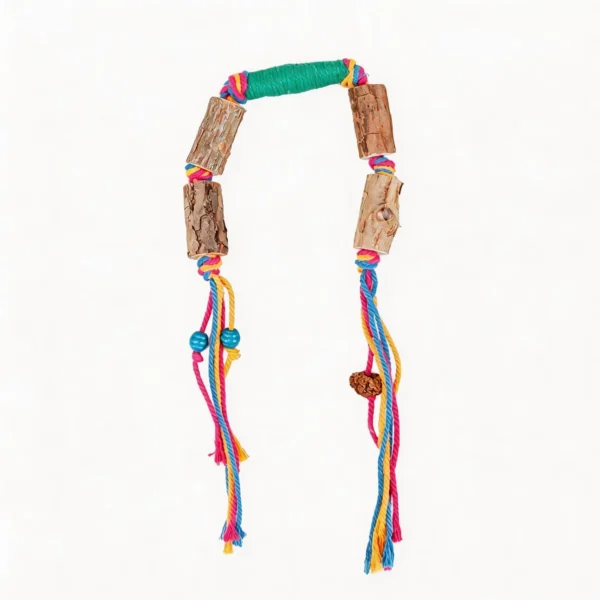 Green Meadow Loop Cord-Saver Silvervine Cat Chew Rope with green handle wrap, natural silvervine chew sticks, bright tassel ropes, blue beads, and gall fruit scent accent.