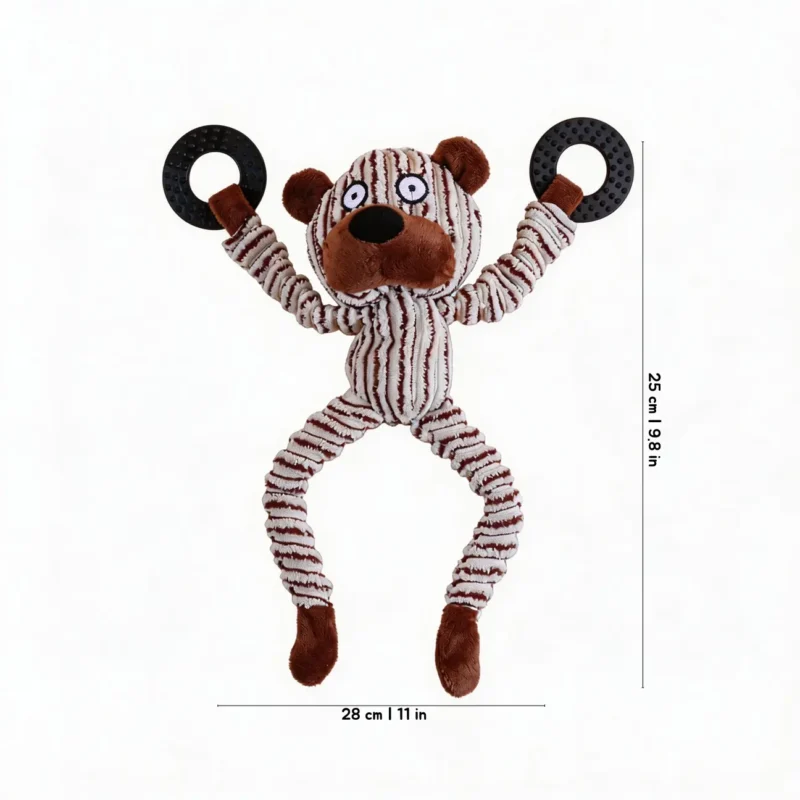 Cozy Bear Floppy Critter Chew Ring Plush Dog Toy Size Detail Cozy Bear Floppy Critter Chew Ring Plush Dog Toy with soft striped plush body and chew ring handles.