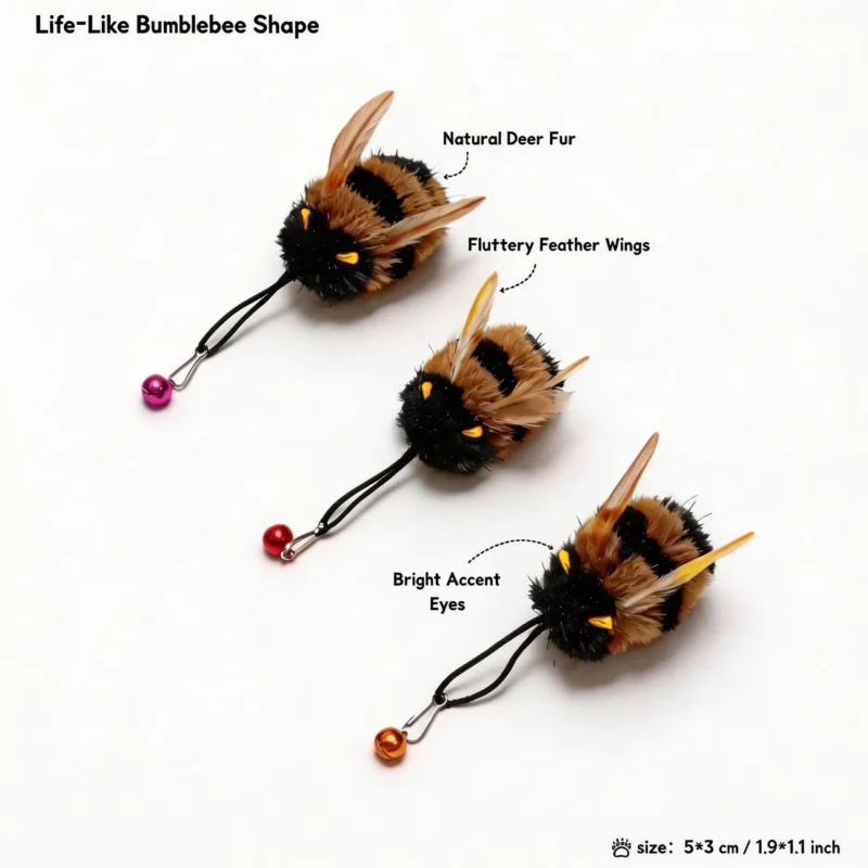 Three Deer Fur Buzzy Bee Cat Wand Replacement refills showing a lifelike bumblebee shape, natural deer fur, fluttery feather wings, bright eyes, and colorful bells.