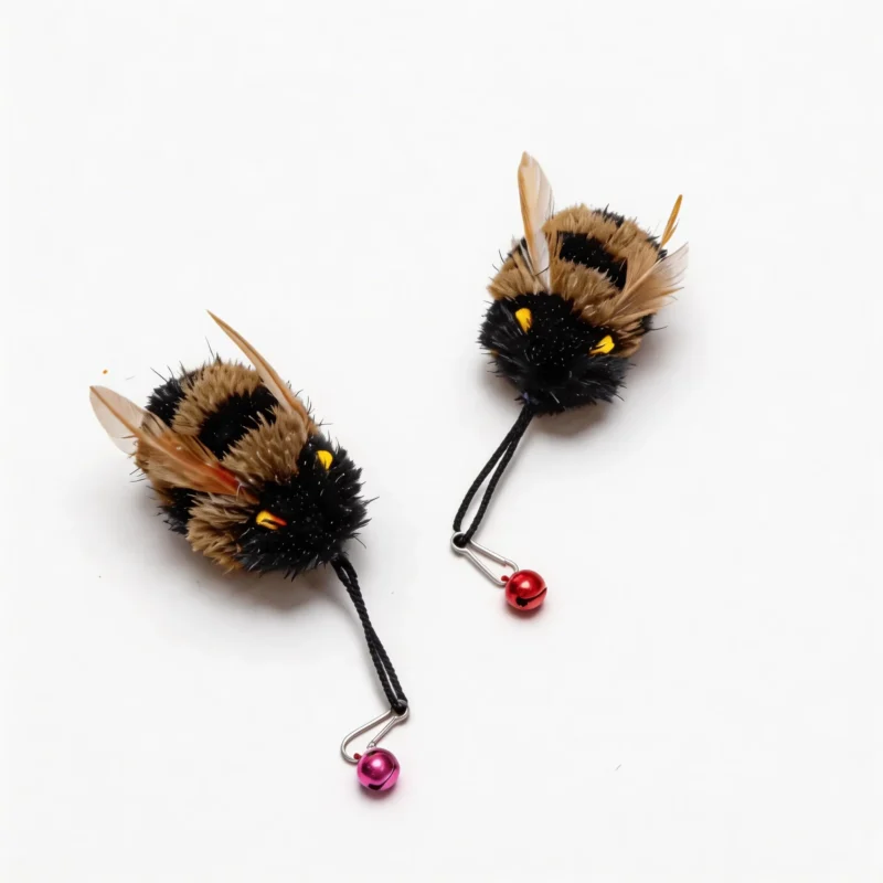 Two Deer Fur Buzzy Bee Cat Wand Replacement refills with striped deer fur bodies, feather wings, yellow accent eyes, and small jingle bells on a white background.