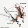 Deer Hair & Peacock Feather Fly Cat Wand Replacement material guide showing genuine deer hair, peacock feathers, sparkle tinsel strands, soft ostrich plume, clips, and small-parts supervised play note.