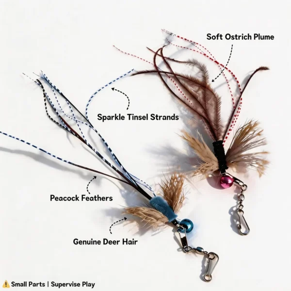 Deer Hair & Peacock Feather Fly Cat Wand Replacement material guide showing genuine deer hair, peacock feathers, sparkle tinsel strands, soft ostrich plume, clips, and small-parts supervised play note.