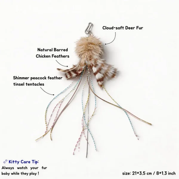 DeerFur Jellyfish Cat Wand Replacement showing cloud-soft deer fur, natural chicken feathers, and shimmer tentacles.