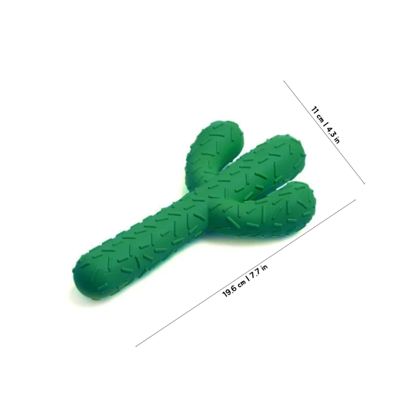 Desert Green Cactus Natural Rubber Dog Chew Toy Size Guide Desert green Cactus Natural Rubber Dog Chew Toy with 7.7 inch length and 4.3 inch width
