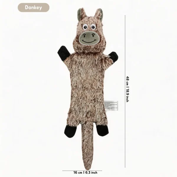 Donkey Farmyard Floppy Plush Dog Toy with gray-brown plush texture, black hooves, long tail, and 48 cm height.