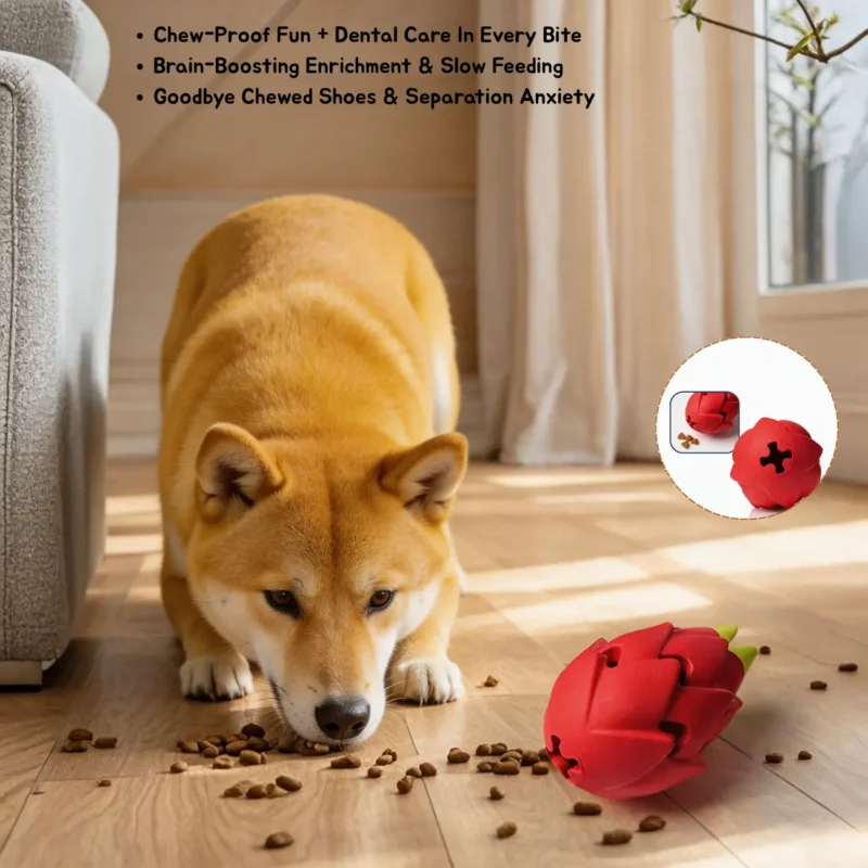 Dragon Fruit Treat Dispensing Dog Chew Toy for Enrichment and Slow Feeding Shiba Inu using the Dragon Fruit Treat-Dispensing Dog Chew Toy with kibble, showing chew-proof fun, dental care, enrichment, and slow feeding.