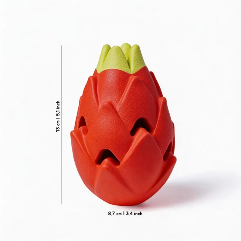 Dragon Fruit Treat-Dispensing Dog Chew Toy Size Guide Dragon Fruit Treat Dispensing Dog Chew Toy size guide showing a red toy measuring 13 cm tall and 8.7 cm wide.