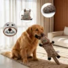 Golden retriever playing indoors with a Farmyard Floppy Plush Dog Toy for shaking and carrying