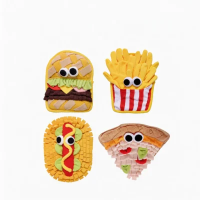 Fast Food Snuffle Mat Dog Toy Burger Fries Hot Dog Pizza Set Fast Food Snuffle Mat Dog Toy set featuring Burger, French Fries, Hot Dog, and Pizza plush foraging toys on a white background.