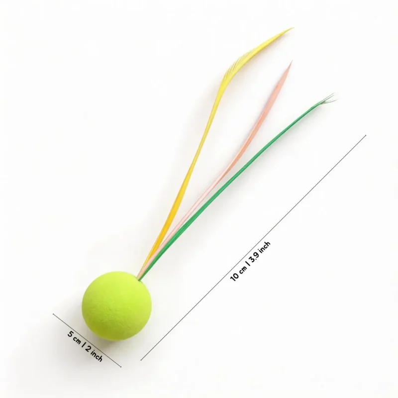 Bright Green Ball + Color Streamers Feather Bounce Ball Cat Toy for solo swatting and chase play