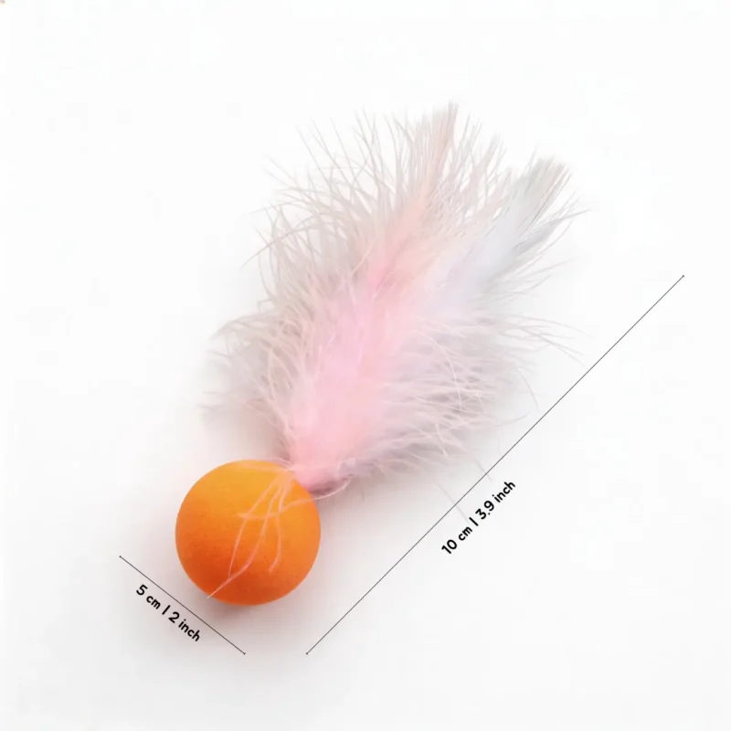 Orange Ball and Pink Feather Bounce Ball Cat Toy with soft feather tail for playful indoor cat chasing