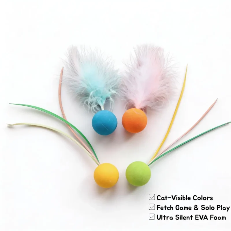 Feather Bounce Ball Cat Toy set showing cat-visible colors, silent EVA foam, fetch game and solo play features