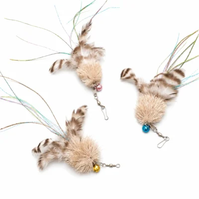 Three feather wand cat toy attachments with fluffy deer fur bodies, barred feathers, iridescent tails, colored bells and clip connectors.