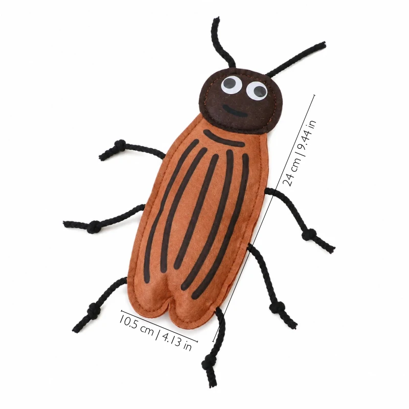 Felt cat toys with a cockroach-shaped kicker design measuring 24cm long and 10.5cm wide for wrestling play.