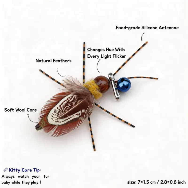 Firefly Flicker Cat Wand Replacement Material Detail Firefly Flicker Cat Wand Replacement showing natural feathers, soft wool core, food-grade silicone antennae, color-changing bead detail, and 7 x 1.5 cm size note.