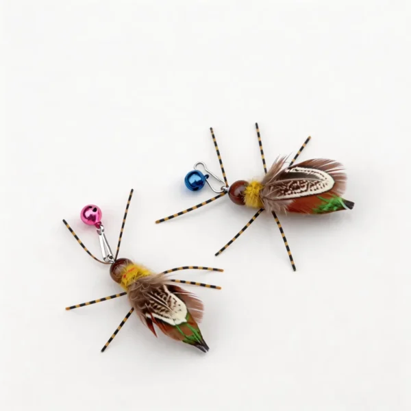 Firefly Flicker Cat Wand Replacement set shown from different angles, featuring layered natural feathers, striped flexible antennae, metal clips, and colorful bells.