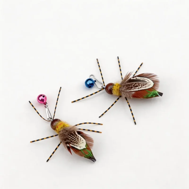 Firefly Flicker Cat Wand-replacement Two Pack Firefly Flicker Cat Wand Replacement set shown from different angles, featuring layered natural feathers, striped flexible antennae, metal clips, and colorful bells.