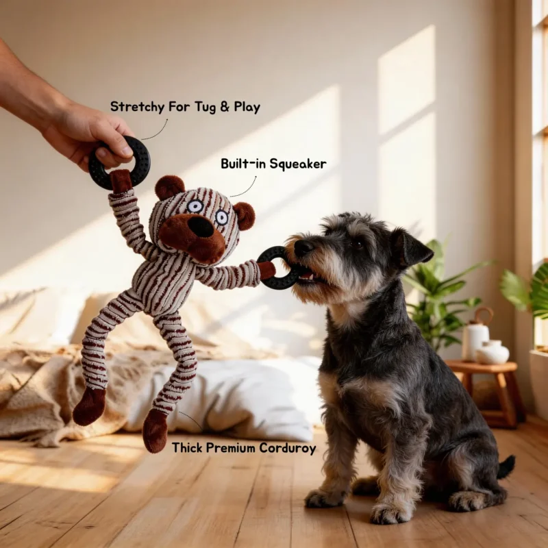 Floppy Critter Chew Ring Plush Dog Toy for Tug and Play Dog playing tug with a Floppy Critter Chew Ring Plush Dog Toy, showing stretchy tug handles, built-in squeaker, and thick premium corduroy.
