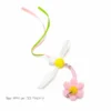 Flower inspired cat teaser wand replacement with soft plush body, feather wings, and ribbon tail showing product size details