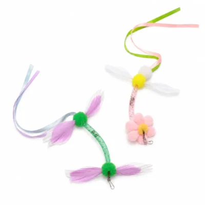 flower-leaf-feather-cat-teasers-ribbon-tail Flower and leaf feather cat teasers with ribbon tails and plush bodies designed as replacement attachments for interactive cat wand play.