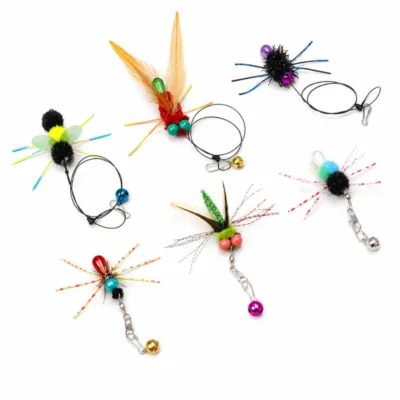 Flying Insect Cat Wand Teaser collection with Dragonfly Dream, Rainbow Flutter, Honeybee Hopper, Midnight Firefly, Jewel Beetle, and Garden Spider designs for hunting play.