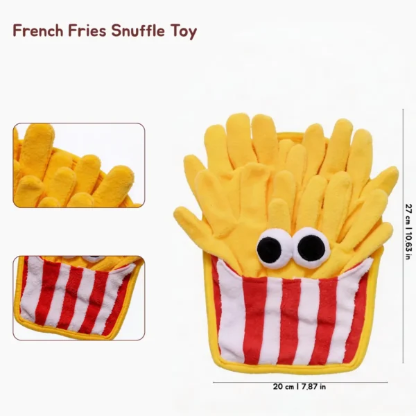 French Fries Fast Food Snuffle Mat Dog Toy with soft plush fries, red-and-white striped pouch, cartoon eyes, and 20 x 27 cm size.