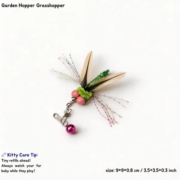 Garden Hopper Grasshopper cat wand replacement with feathers, glitter strands, soft body, pink beads, and bell