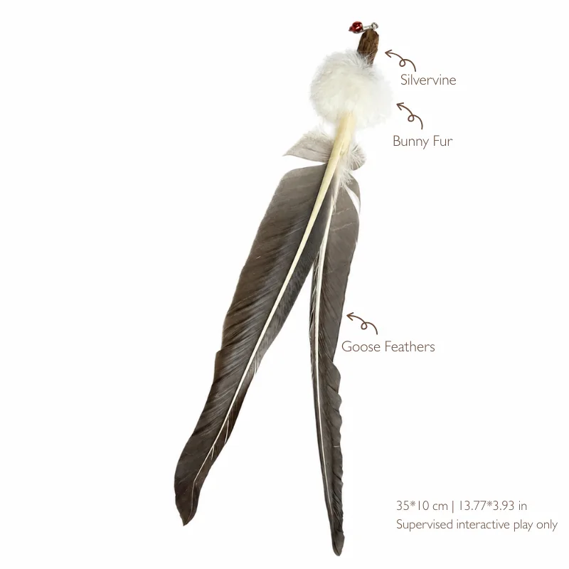 giant-goose-feather-cat-wand-refill-size Giant goose feather cat wand toy refill with fluffy Bunny Fur, Silvervine and bell, measuring approximately 35 x 10 cm on a white background.