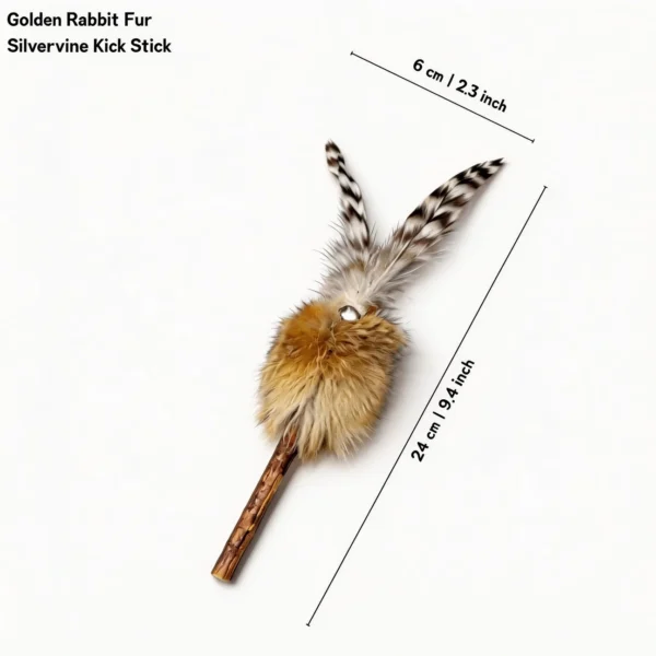 Golden Rabbit Fur Silvervine Kick Stick shown with a size guide, measuring 24 cm long and 6 cm wide, with soft fur, feathers, and a silvervine chew stick.