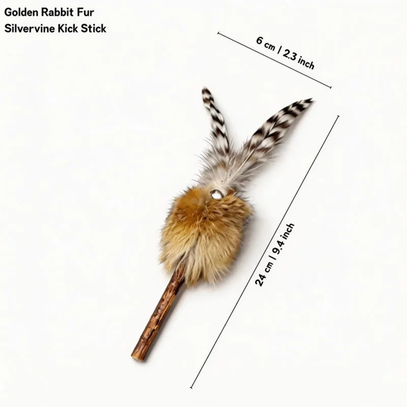 Golden Rabbit Fur Silvervine Kick Stick Size Guide Golden Rabbit Fur Silvervine Kick Stick shown with a size guide, measuring 24 cm long and 6 cm wide, with soft fur, feathers, and a silvervine chew stick.