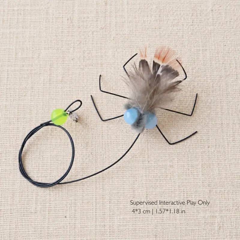 Gray feather fly insect cat toy with black insect legs and colorful eyes, a small prey-inspired lure for interactive cat toys wand.