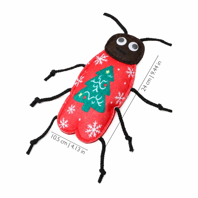 Christmas cat toys featuring a festive tree cockroach design with a long body for grabbing and bunny kicking.