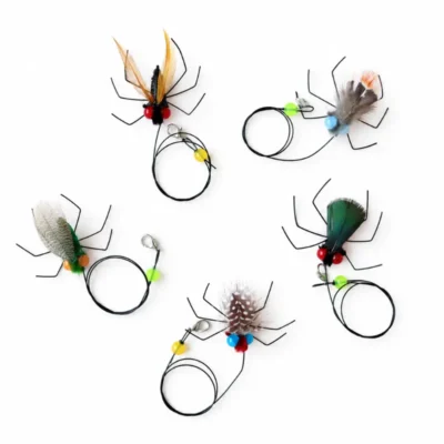 Five-piece fly insect cat toy feather wand replacement set with different feather colors and insect designs for indoor cats.