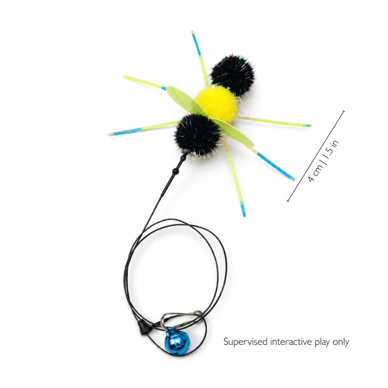 honeybee-hopper-insect-toys-for-cats Honeybee Hopper insect toy for cats with a plush yellow body, colorful legs, and playful bell details for interactive wand games.