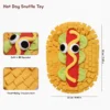 Hot Dog Fast Food Snuffle Mat Dog Toy with built-in BB squeaker, treat-hiding treasure hunt fleece strips, and 22 x 30 cm size.