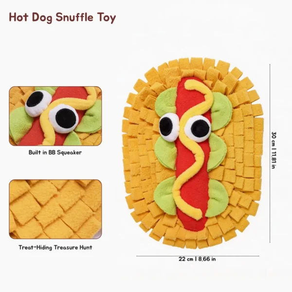 Hot Dog Fast Food Snuffle Mat Dog Toy with built-in BB squeaker, treat-hiding treasure hunt fleece strips, and 22 x 30 cm size.