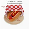 Hot Dog Snuffle Plush Dog Toy shown as a 2-in-1 squeaky fun and treat puzzle with crinkle paper, BB squeaker, treat hiding, boredom busting, and anxiety melting features.