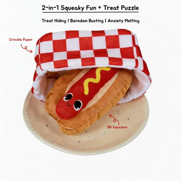 Hot Dog Snuffle Plush Dog Toy shown as a 2-in-1 squeaky fun and treat puzzle with crinkle paper, BB squeaker, treat hiding, boredom busting, and anxiety melting features.