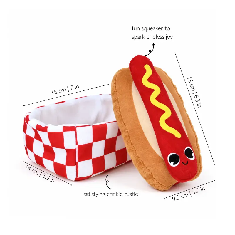 Size guide for a plush dog toy with squeaker and its red-and-white crinkle box, with dimensions labeled in centimeters and inches.