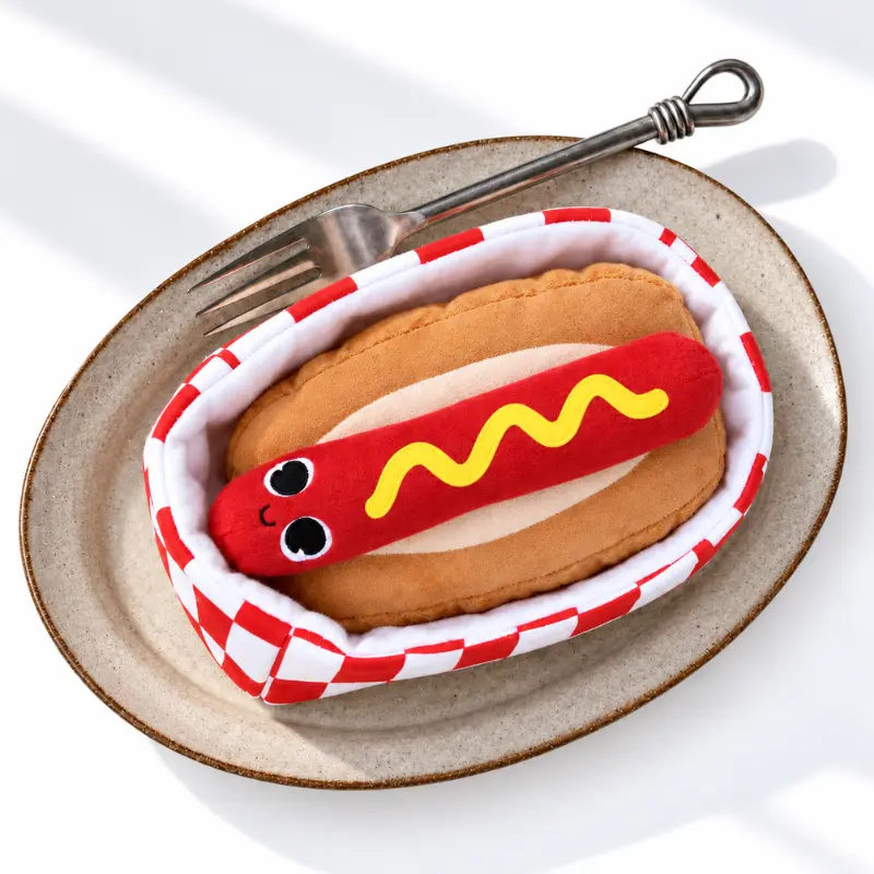 Top-down view of a hotdog plush nestled inside a red-and-white checkered takeaway box on a plate beside a fork.