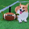 Corgi resting on grass beside an Inflatable Floating Football Tug Dog Toy for outdoor lawn play