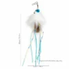 jellyfish-cat-toy-size-5x24cm White jellyfish cat toy attachment with rabbit fur, deer hair, a blue bell, and long reflective tentacles, measuring 5 by 24 cm.