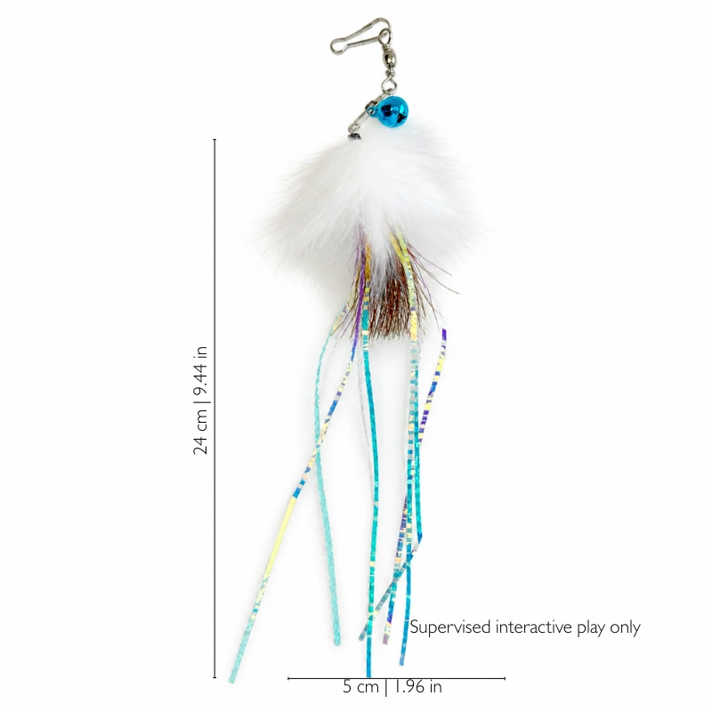 jellyfish-cat-toy-size-5x24cm White jellyfish cat toy attachment with rabbit fur, deer hair, a blue bell, and long reflective tentacles, measuring 5 by 24 cm.