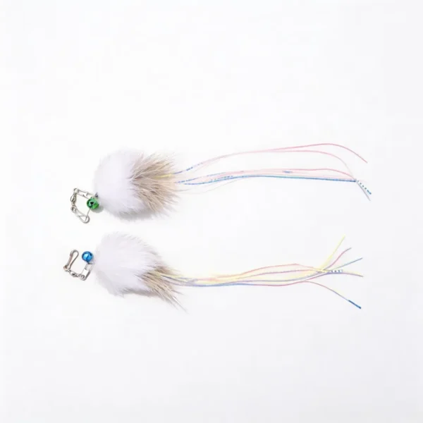 Two Jellyfish Rabbit and Deer Fur Cat Wand Replacements with soft fur tufts, metal clips, colored bells, and long shimmering teaser tails.